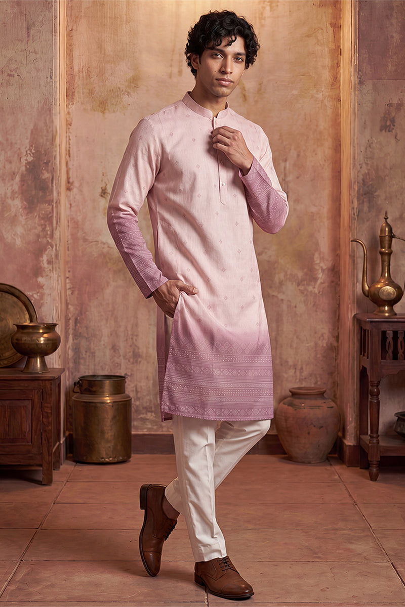 Pink Silk Blend Woven Design Calf Length Straight Regular Kurta With Trouser MKSET2347