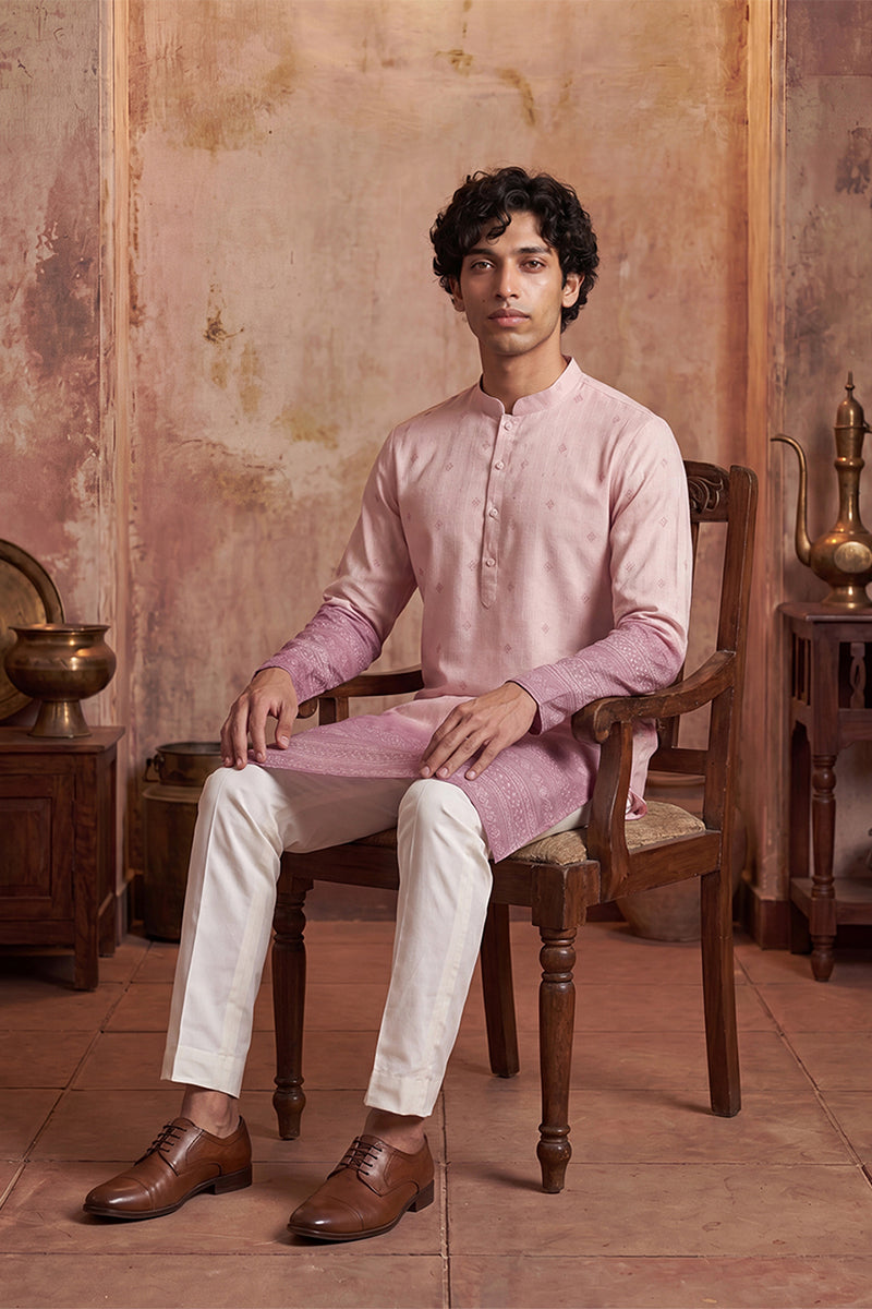 Pink Silk Blend Woven Design Calf Length Straight Regular Kurta MKU2347