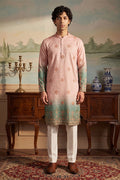 Peach Silk Blend Woven Design Calf Length Straight Regular Kurta With Trouser MKSET2348