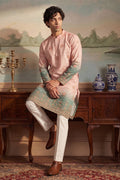 Peach Silk Blend Woven Design Calf Length Straight Regular Kurta MKU2348