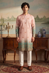 Peach Silk Blend Woven Design Calf Length Straight Regular Kurta MKU2348