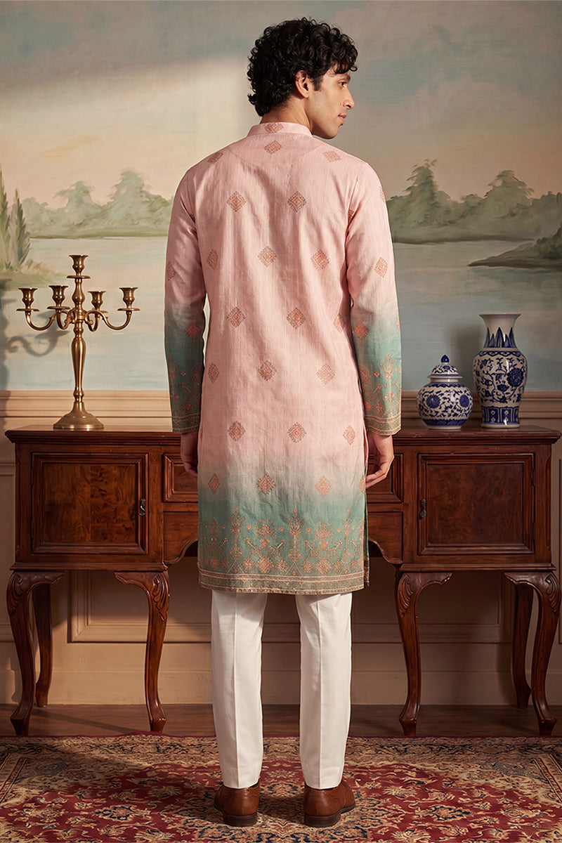 Peach Silk Blend Woven Design Calf Length Straight Regular Kurta With Trouser MKSET2348