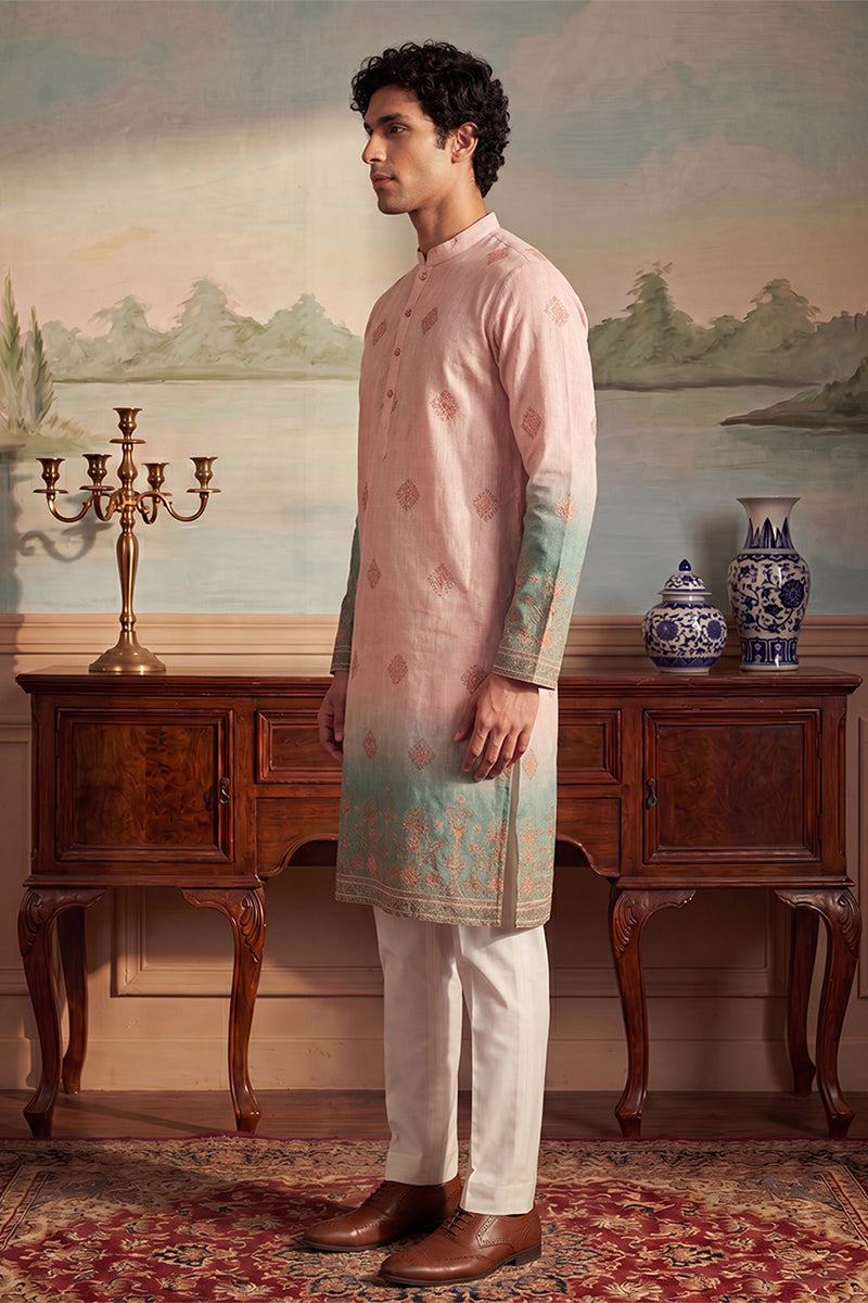 Peach Silk Blend Woven Design Calf Length Straight Regular Kurta MKU2348