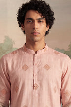 Peach Silk Blend Woven Design Calf Length Straight Regular Kurta With Trouser MKSET2348