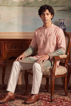 Peach Silk Blend Woven Design Calf Length Straight Regular Kurta With Trouser MKSET2348
