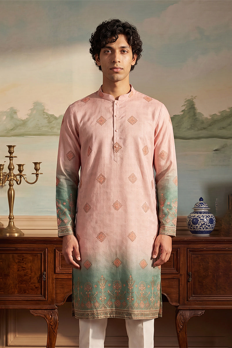 Peach Silk Blend Woven Design Calf Length Straight Regular Kurta With Trouser MKSET2348