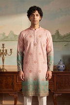 Peach Silk Blend Woven Design Calf Length Straight Regular Kurta With Trouser MKSET2348