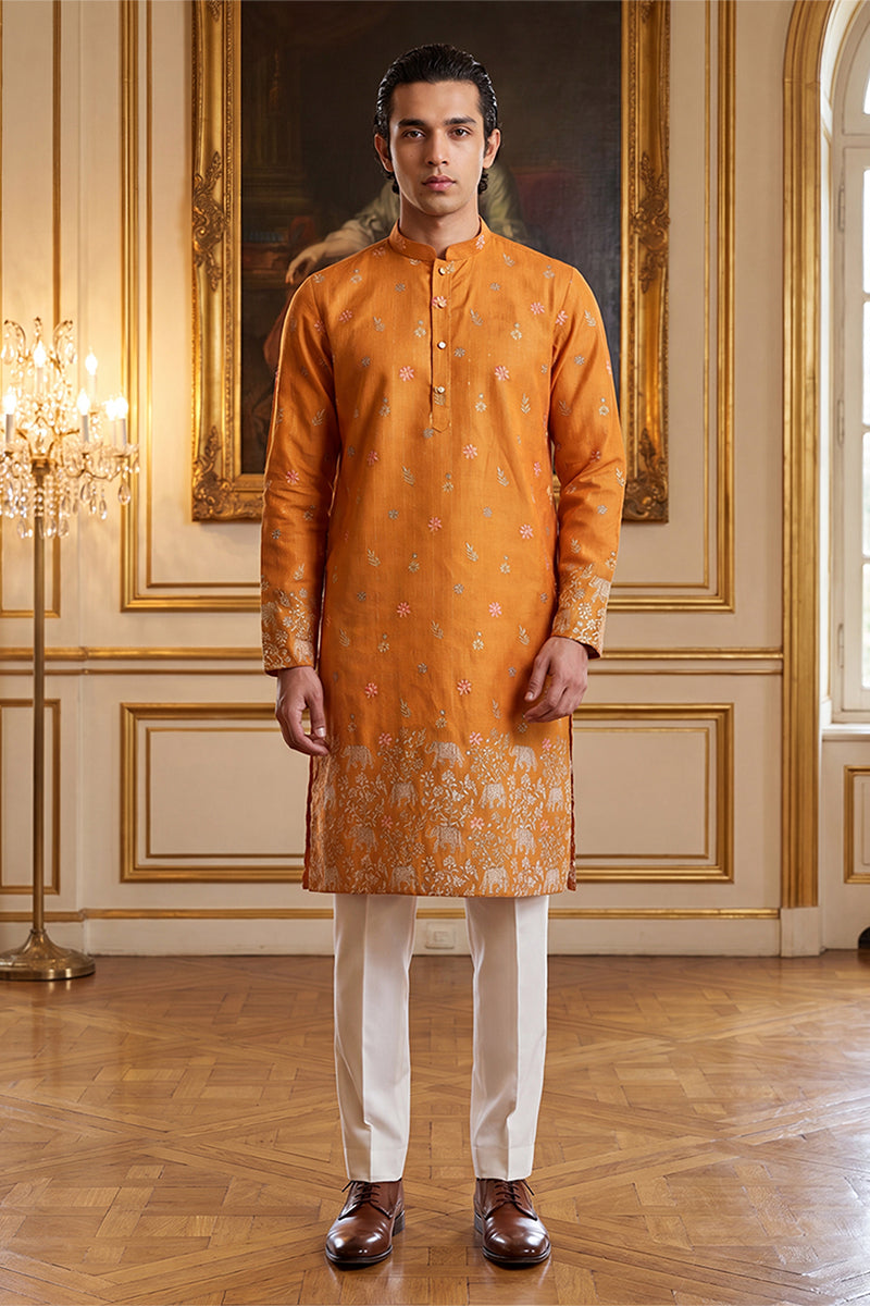 Orange Silk Blend Woven Design Calf Length Straight Regular Kurta With Trouser MKSET2349