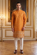 Orange Silk Blend Woven Design Calf Length Straight Regular Kurta With Trouser MKSET2349