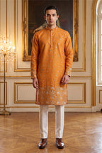 Orange Silk Blend Woven Design Calf Length Straight Regular Kurta With Trouser MKSET2349