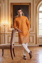 Orange Silk Blend Woven Design Calf Length Straight Regular Kurta MKU2349