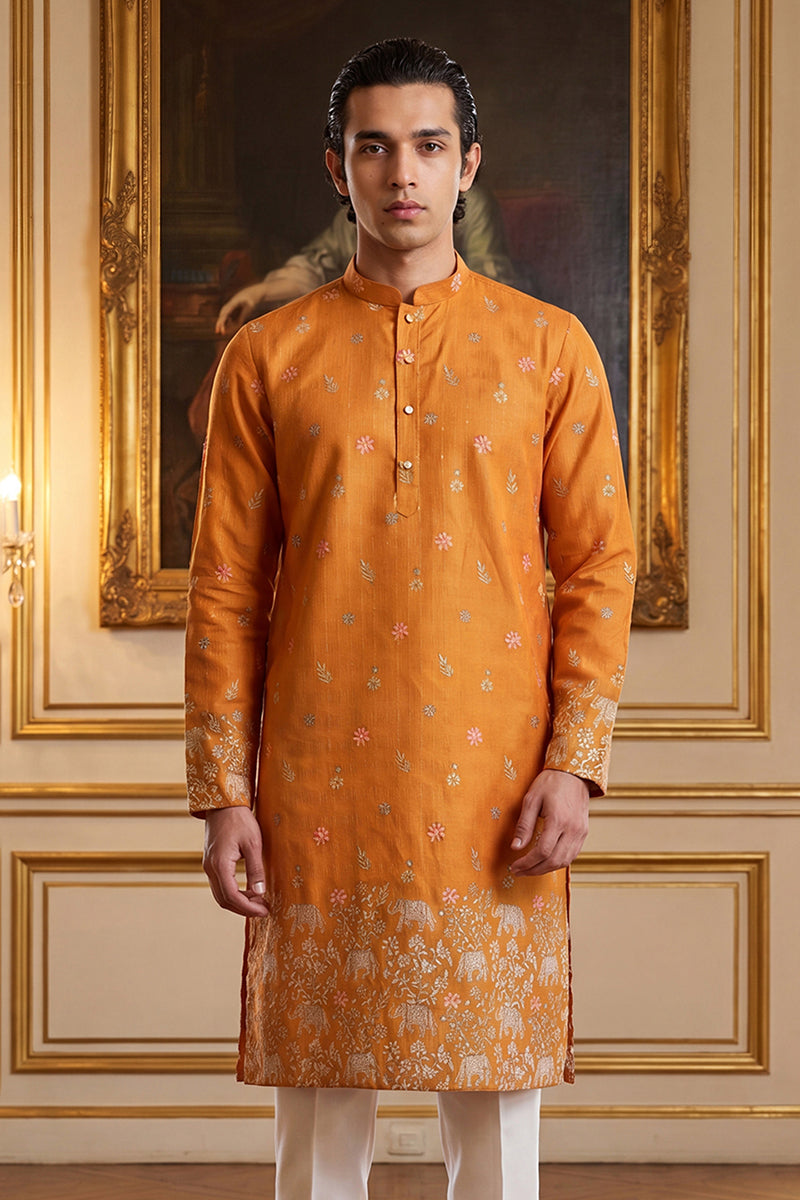 Orange Silk Blend Woven Design Calf Length Straight Regular Kurta MKU2349