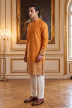 Orange Silk Blend Woven Design Calf Length Straight Regular Kurta With Trouser MKSET2349
