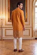 Orange Silk Blend Woven Design Calf Length Straight Regular Kurta With Trouser MKSET2349