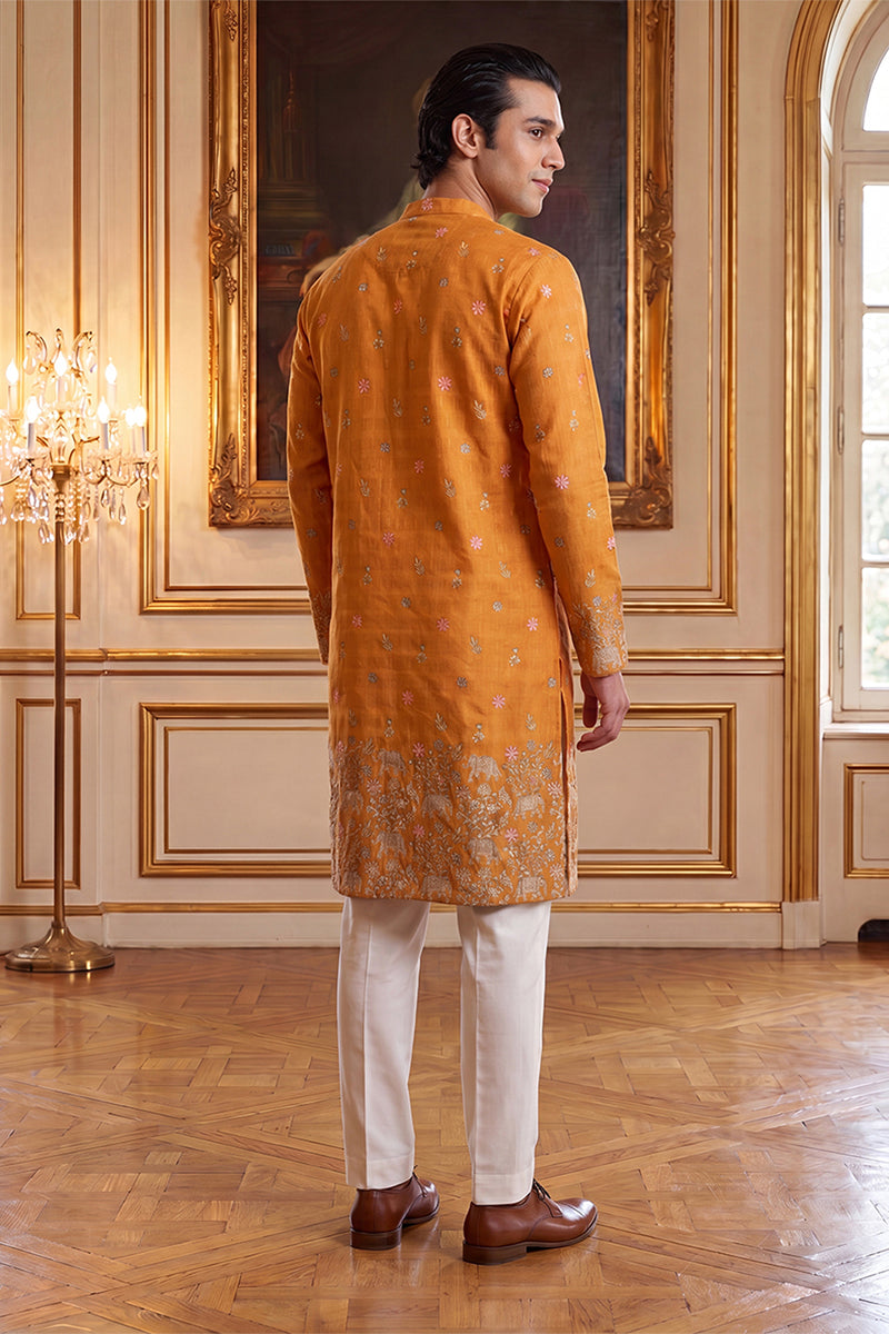 Orange Silk Blend Woven Design Calf Length Straight Regular Kurta MKU2349