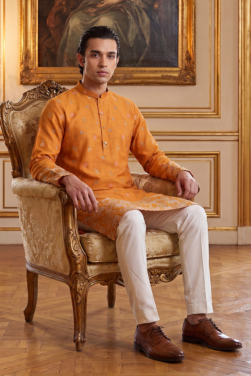 Orange Silk Blend Woven Design Calf Length Straight Regular Kurta With Trouser MKSET2349
