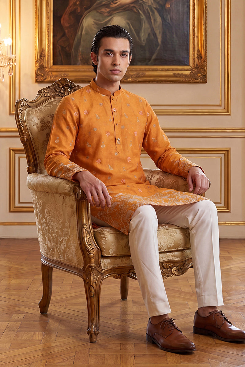 Orange Silk Blend Woven Design Calf Length Straight Regular Kurta MKU2349