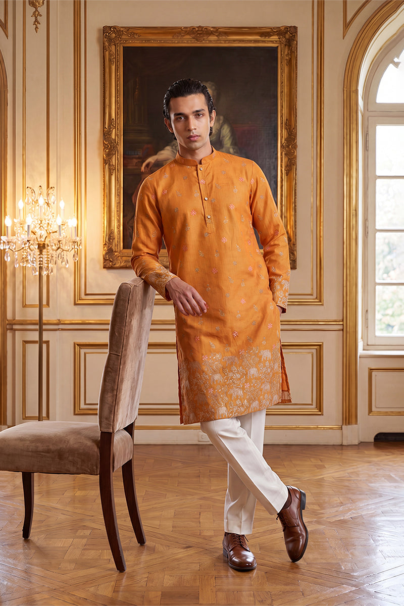 Orange Silk Blend Woven Design Calf Length Straight Regular Kurta With Trouser MKSET2349