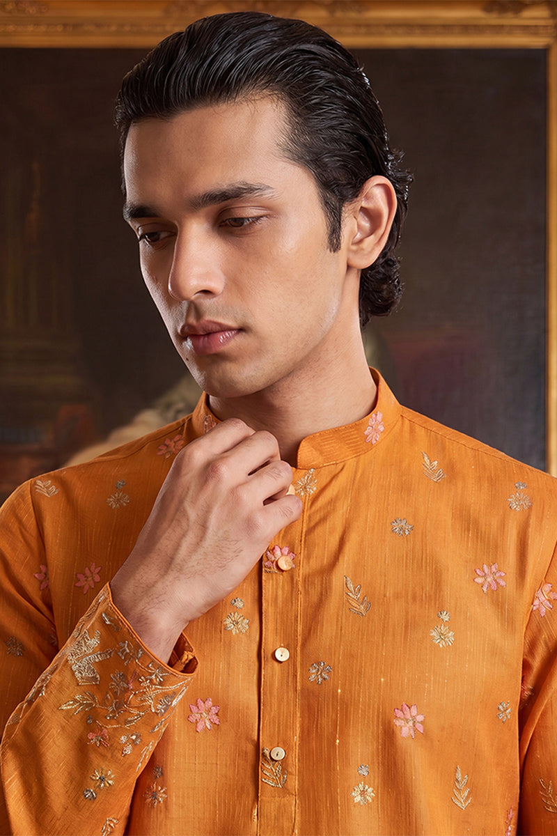 Orange Silk Blend Woven Design Calf Length Straight Regular Kurta MKU2349