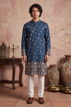 Blue Silk Blend Woven Design Calf Length Straight Regular Kurta With Trouser MKSET2356