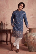 Blue Silk Blend Woven Design Calf Length Straight Regular Kurta MKU2356