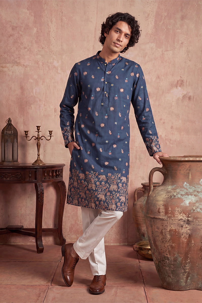 Blue Silk Blend Woven Design Calf Length Straight Regular Kurta MKU2356