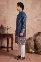 Blue Silk Blend Woven Design Calf Length Straight Regular Kurta MKU2356