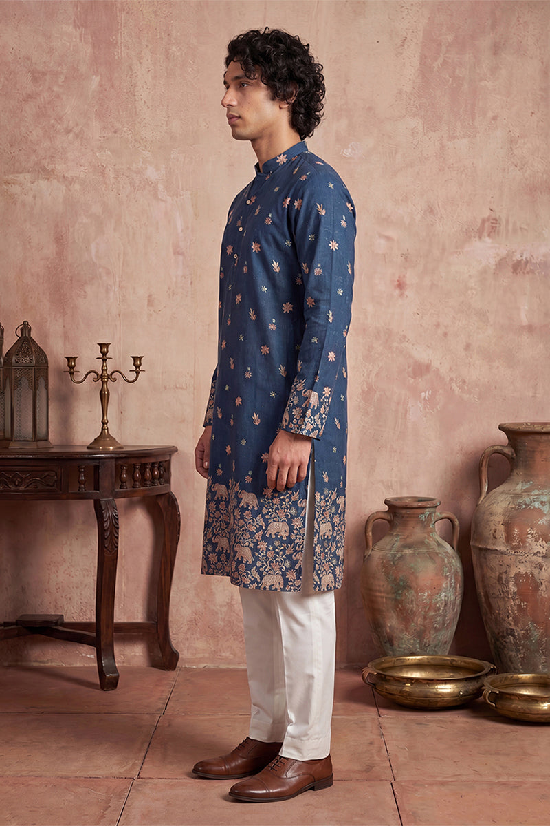 Blue Silk Blend Woven Design Calf Length Straight Regular Kurta MKU2356
