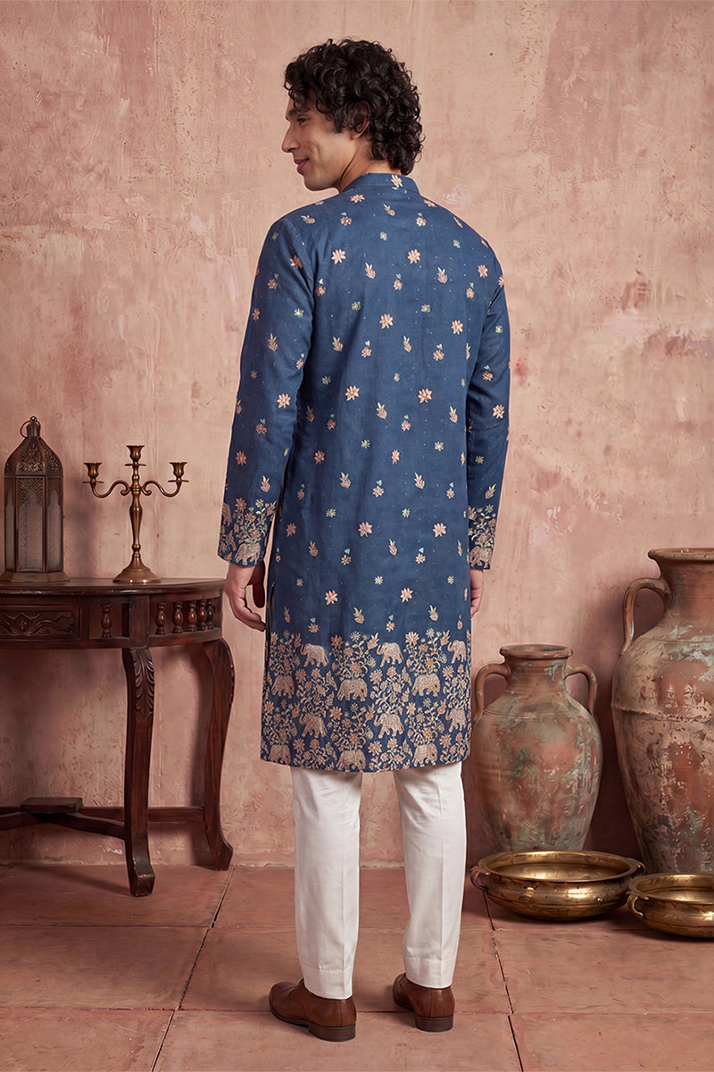 Blue Silk Blend Woven Design Calf Length Straight Regular Kurta MKU2356