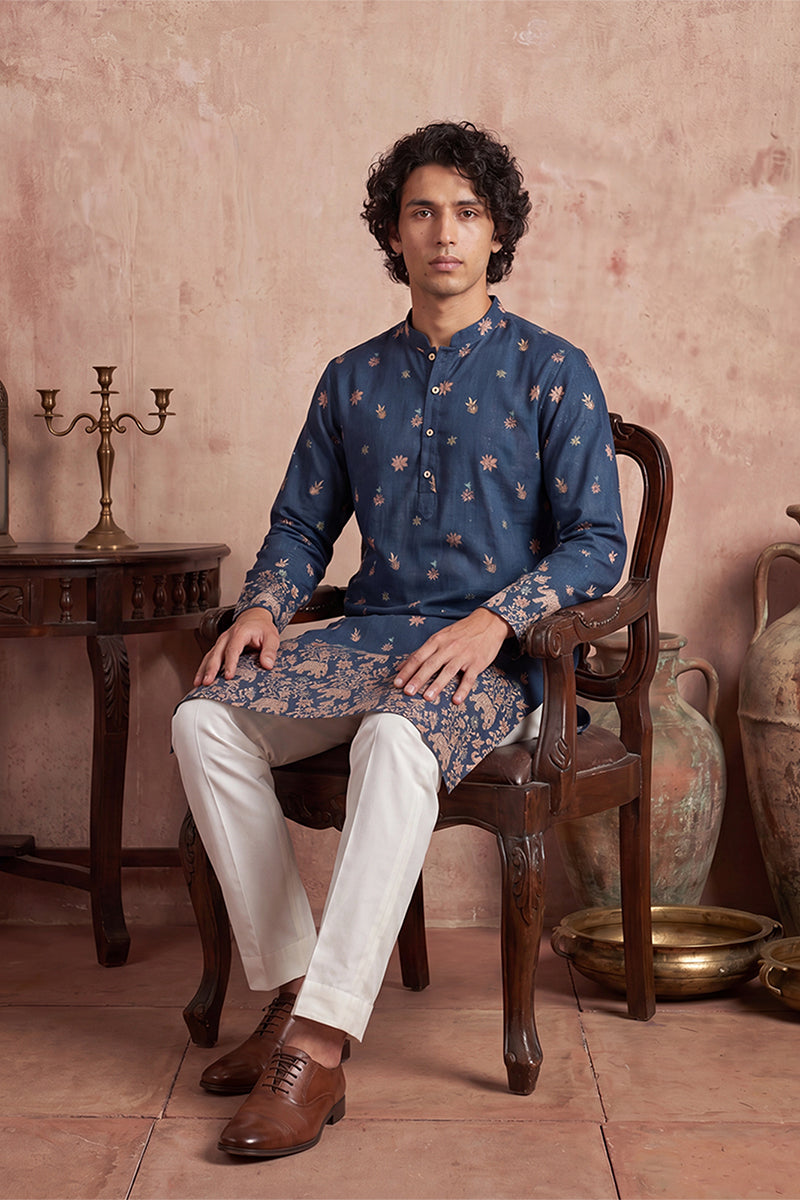 Blue Silk Blend Woven Design Calf Length Straight Regular Kurta With Trouser MKSET2356