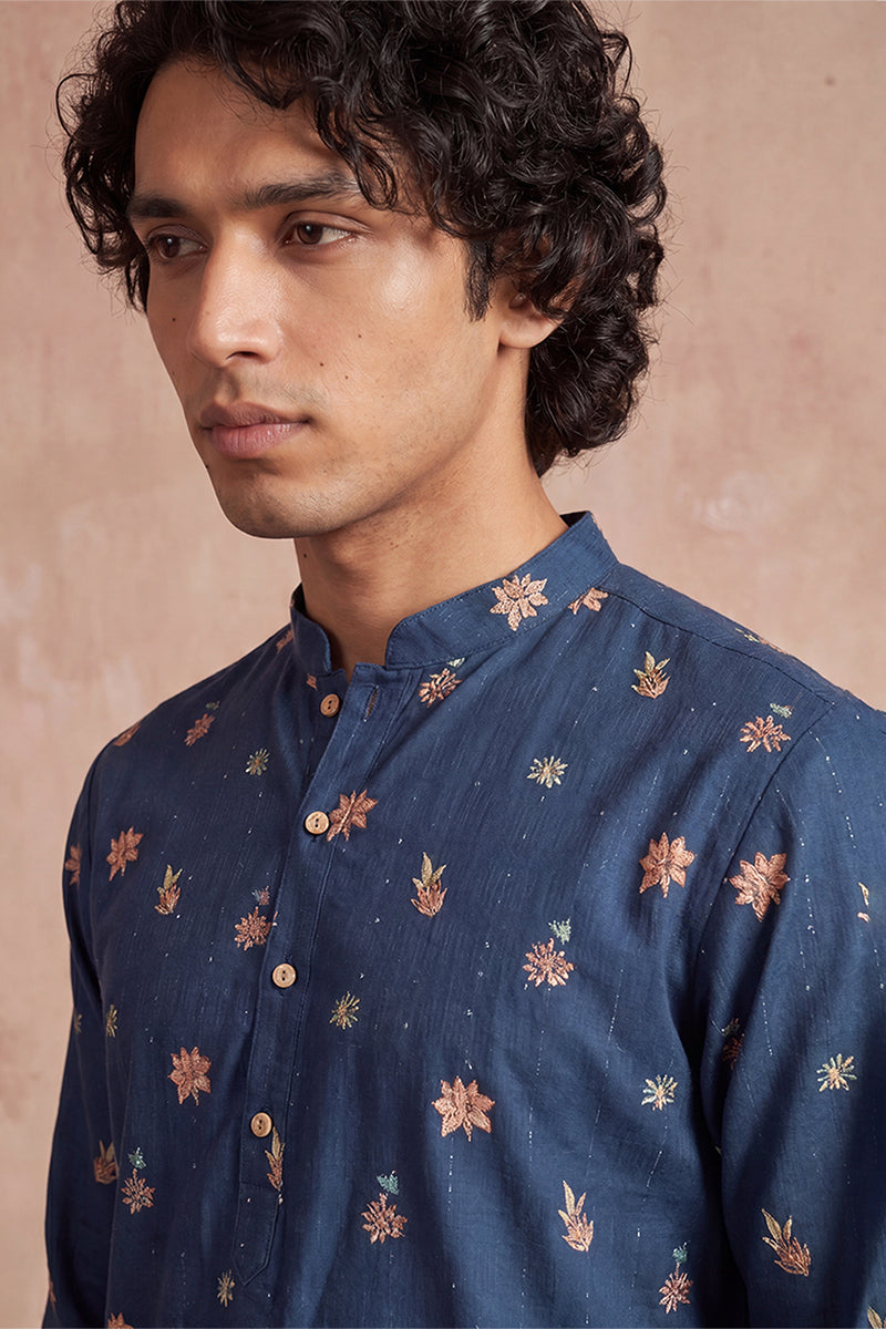 Blue Silk Blend Woven Design Calf Length Straight Regular Kurta With Trouser MKSET2356