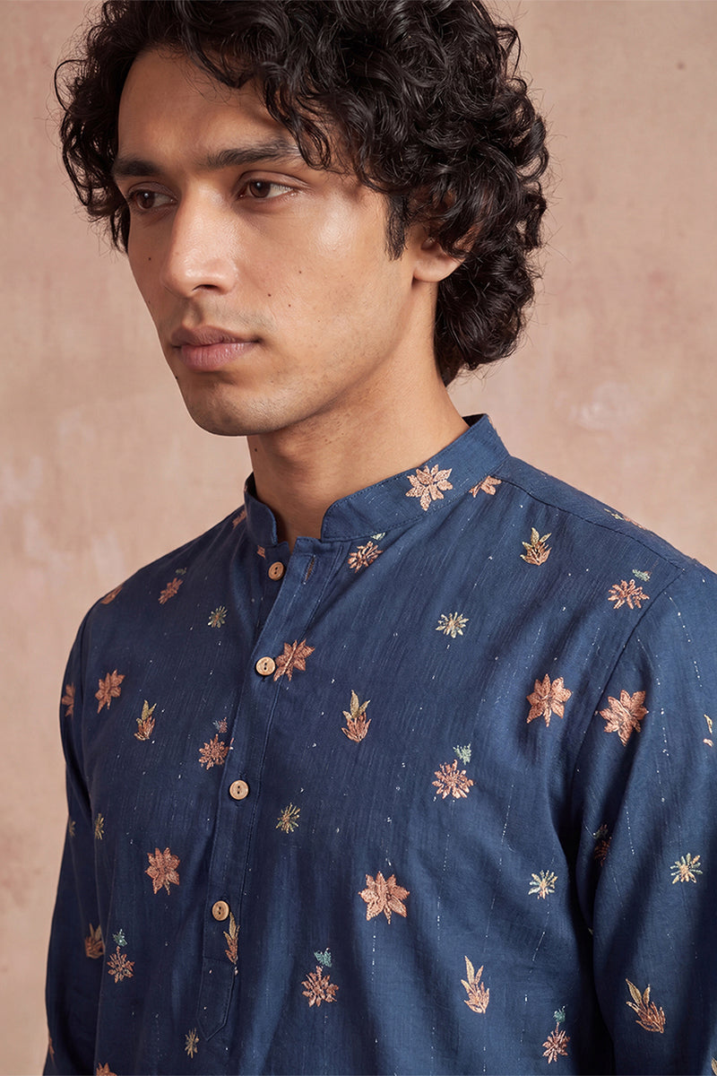 Blue Silk Blend Woven Design Calf Length Straight Regular Kurta MKU2356