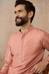 Peach Silk Blend Embroidered Mandarin Collar Straight Kurta with Trousers MKSET2363