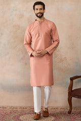 Peach Silk Blend Embroidered Mandarin Collar Straight Kurta with Trousers MKSET2363
