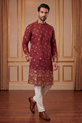 Maroon Silk Blend Woven Design Calf Length Straight Regular Kurta With Trouser MKSET2368