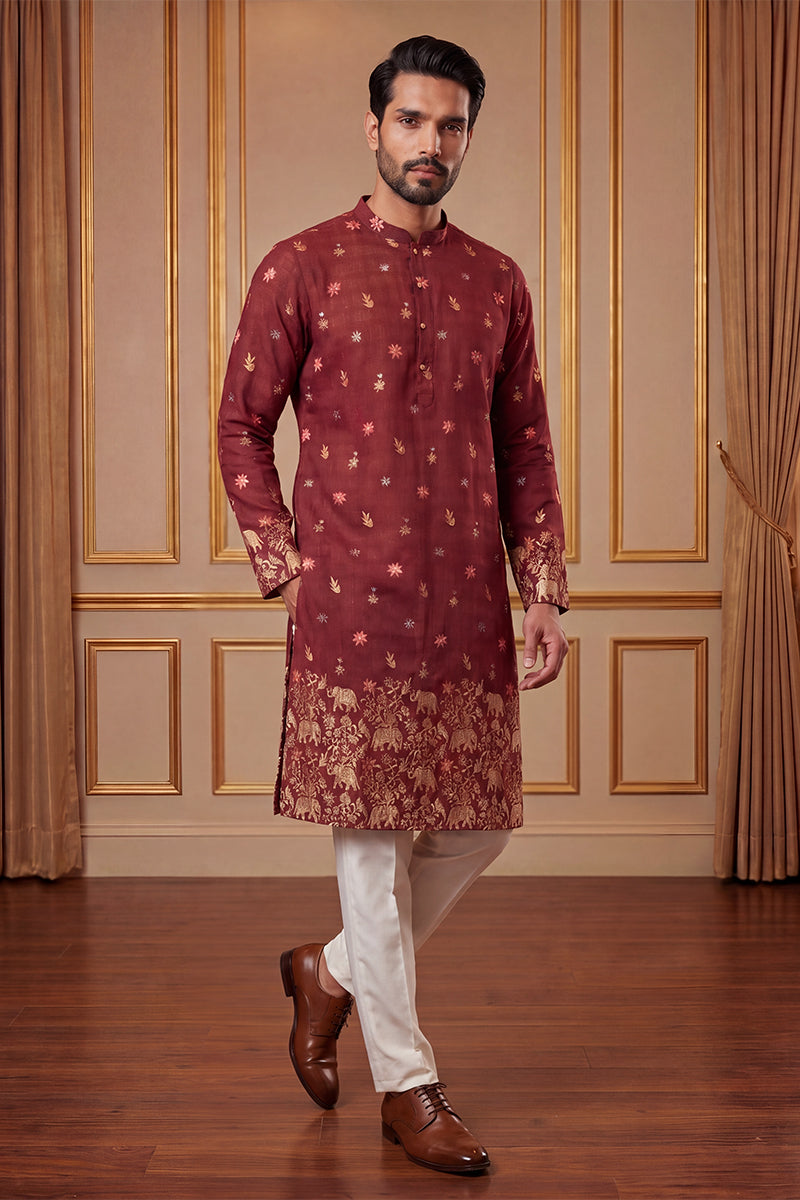 Maroon Silk Blend Woven Design Calf Length Straight Regular Kurta With Trouser MKSET2368