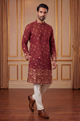 Maroon Silk Blend Woven Design Calf Length Straight Regular Kurta MKU2368