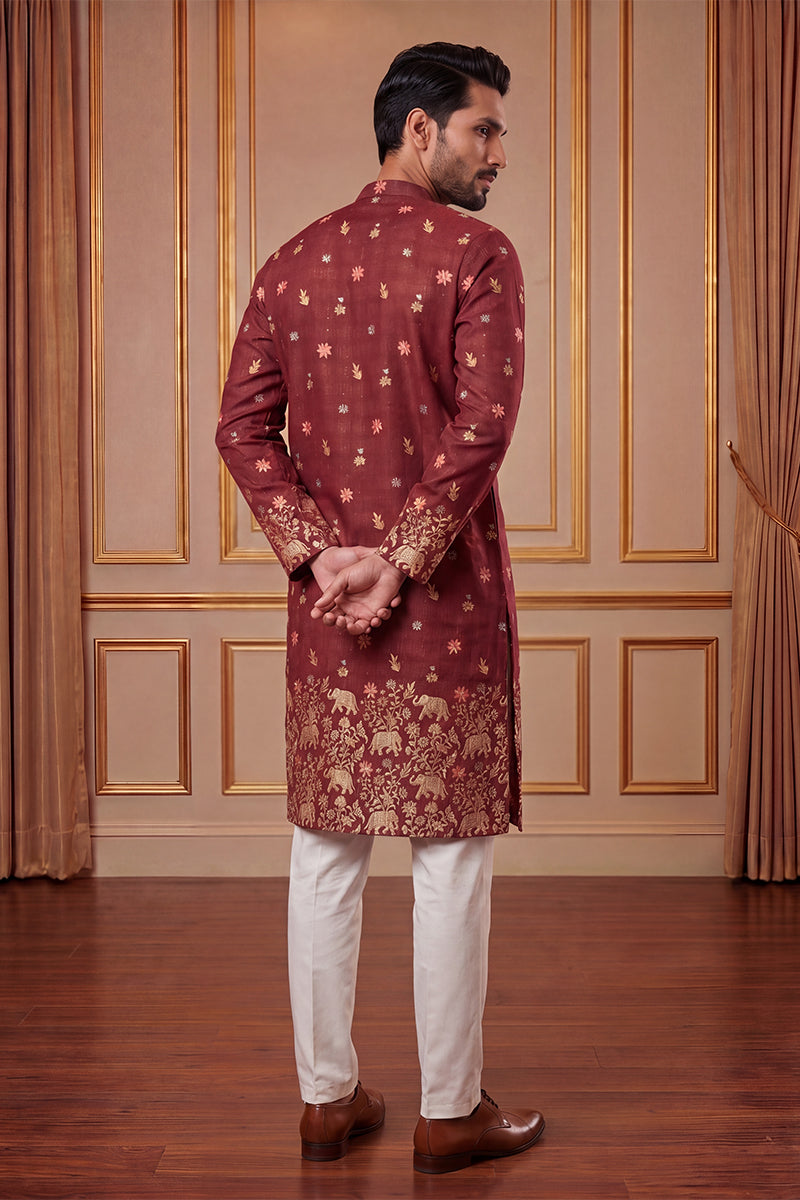 Maroon Silk Blend Woven Design Calf Length Straight Regular Kurta With Trouser MKSET2368
