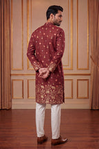 Maroon Silk Blend Woven Design Calf Length Straight Regular Kurta With Trouser MKSET2368