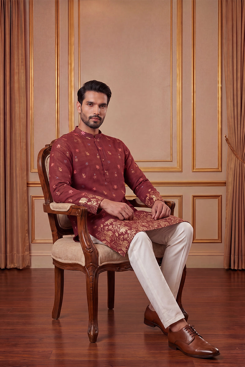 Maroon Silk Blend Woven Design Calf Length Straight Regular Kurta With Trouser MKSET2368