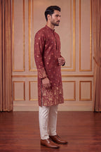Maroon Silk Blend Woven Design Calf Length Straight Regular Kurta With Trouser MKSET2368