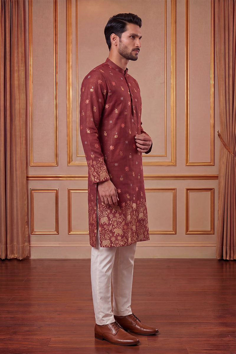 Maroon Silk Blend Woven Design Calf Length Straight Regular Kurta MKU2368