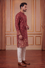 Maroon Silk Blend Woven Design Calf Length Straight Regular Kurta MKU2368
