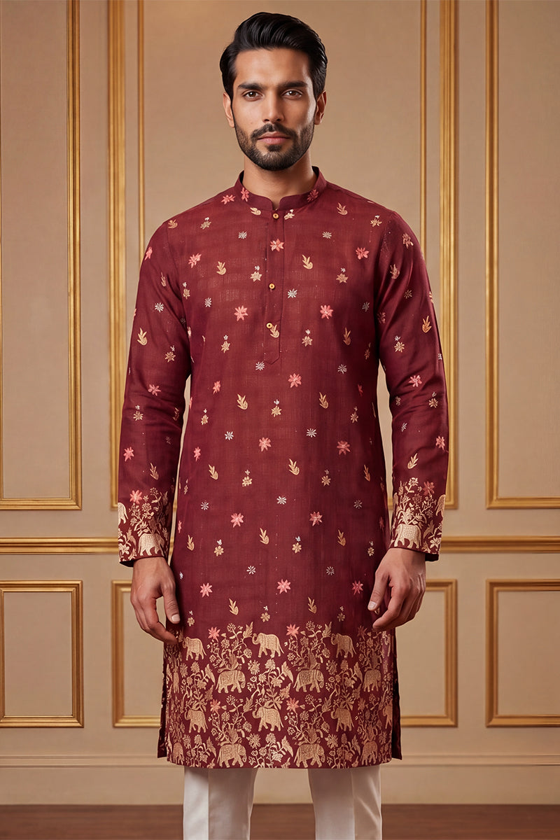Maroon Silk Blend Woven Design Calf Length Straight Regular Kurta With Trouser MKSET2368
