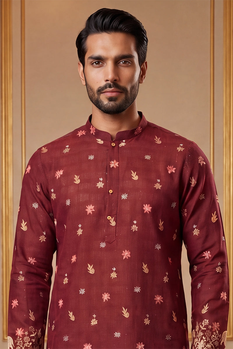 Maroon Silk Blend Woven Design Calf Length Straight Regular Kurta MKU2368