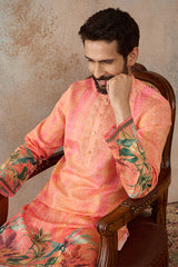 Orange Silk Blend Ethnic Motifs Printed Straight Kurta with Trousers MKSET2369