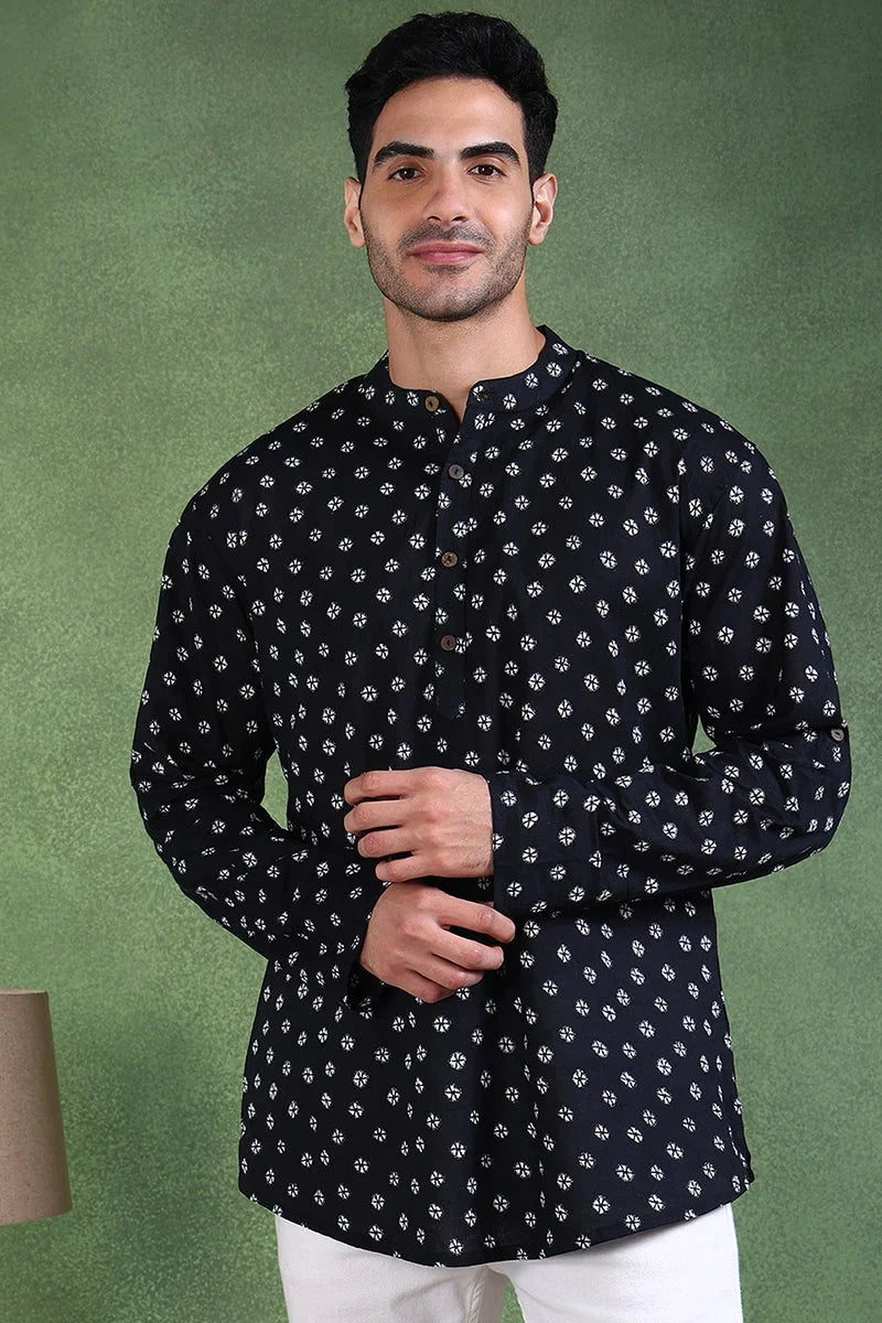 Black Cotton Bandhani Printed Straight Short Kurta For Men MSKU1001BLK