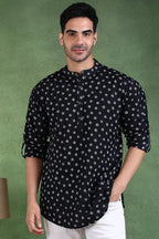 Black Cotton Bandhani Printed Straight Short Kurta For Men MSKU1001BLK