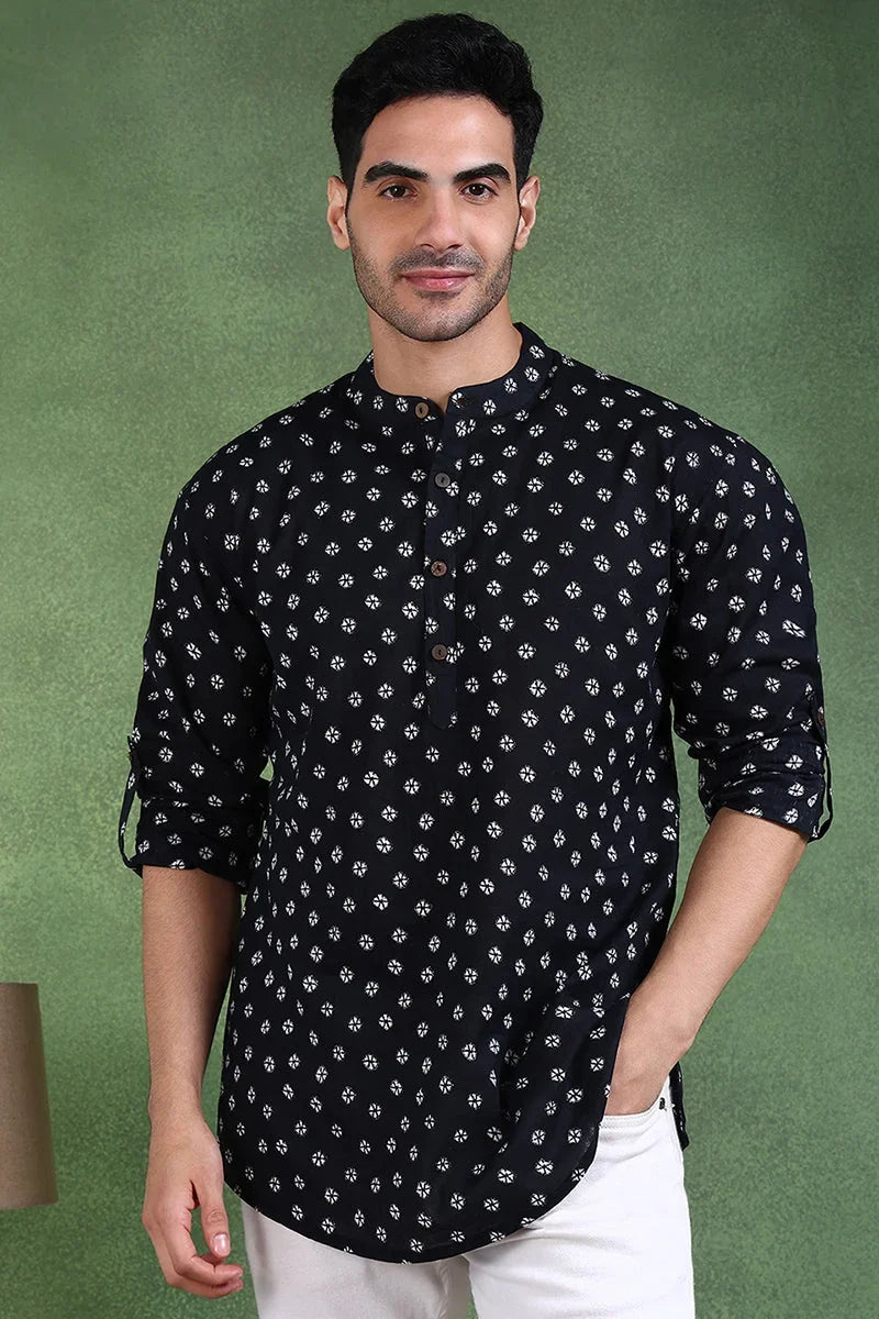 Black Cotton Bandhani Printed Straight Short Kurta For Men MSKU1001BLK