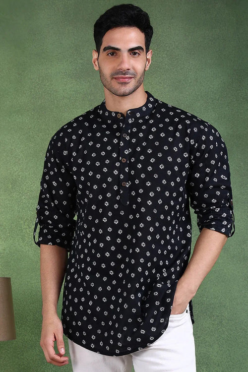 Black Cotton Bandhani Printed Straight Short Kurta For Men MSKU1001BLK